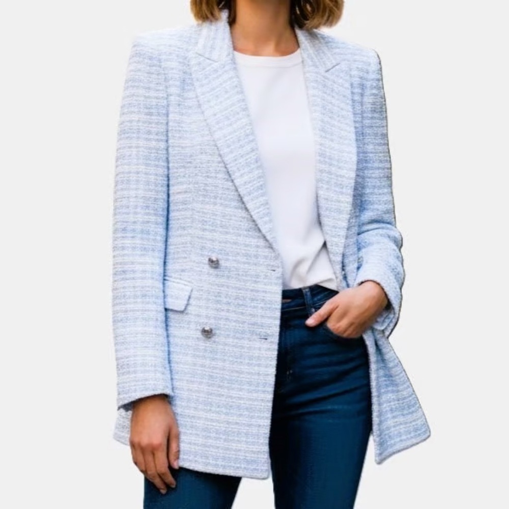 Zara • Tweed Double-Breasted Blazer in Light Blue and White